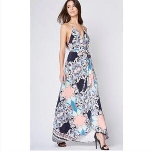 YUMI KIM Rush Hour Silk Navy and Pink Floral Maxi Wrap Dress